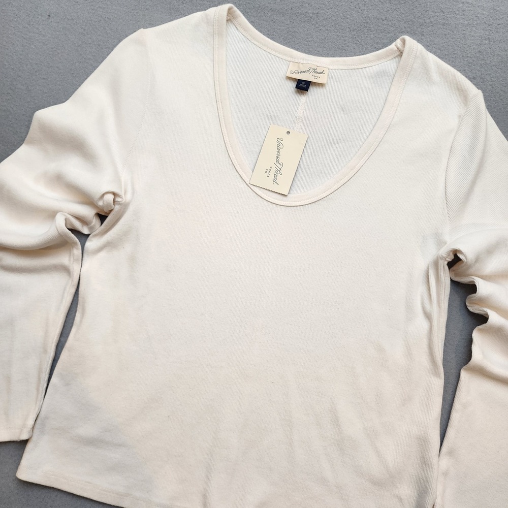 Universal Thread Cream Ribbed Scoop Neck Long Sleeve Top XL NWT Minimalist